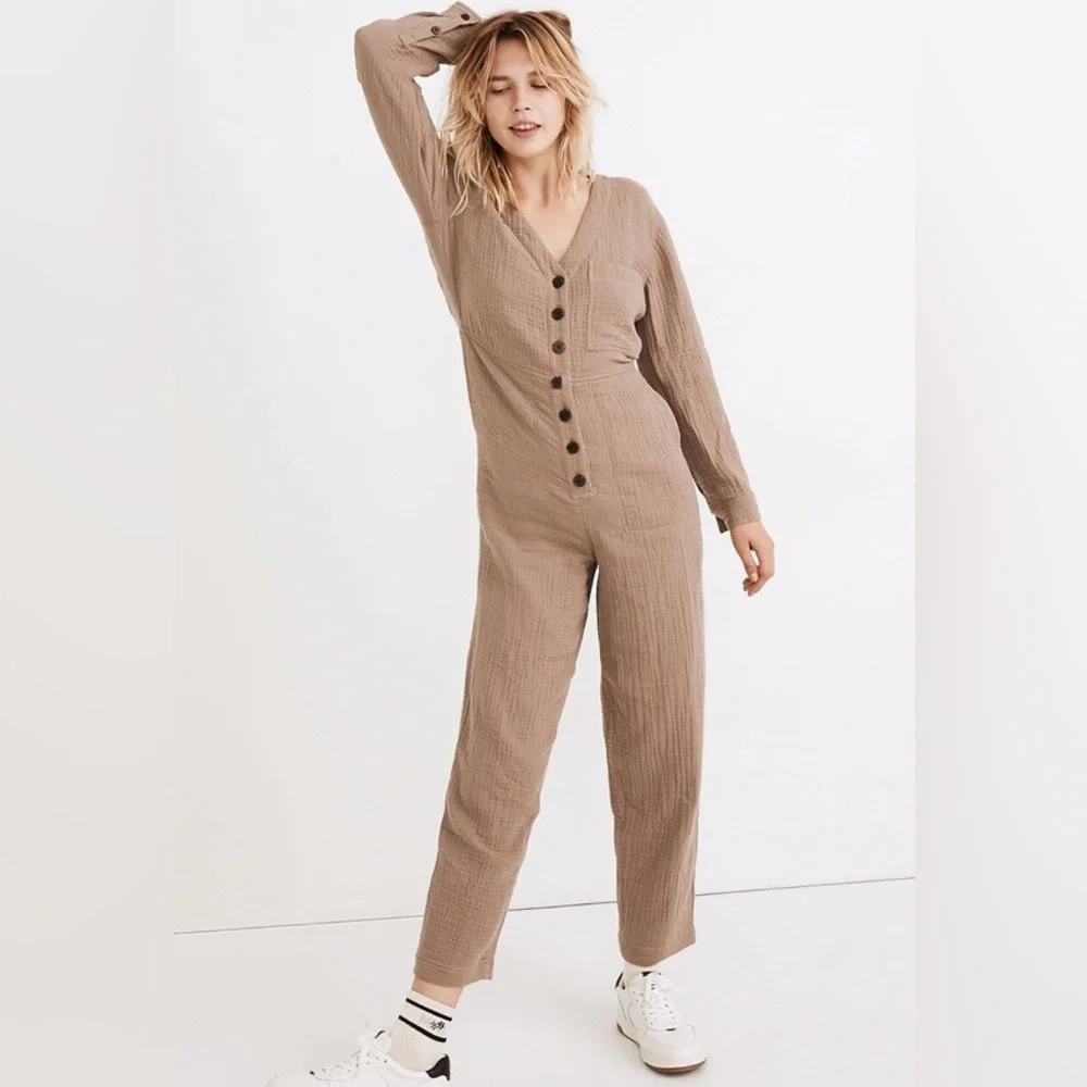Madewell Taupe‎ Button-Front Jumpsuit